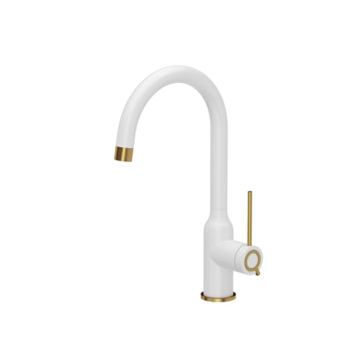 QUADRON Küchenarmatur INGRID Q LINE SteelQ, Mischbatterie 360°, Armatur Küche Edelstahl, QFix-Funktion, Farbe: Weiß, Höhe: 34 cm, Wasserhahn für Küche, Kopfteil: Keramik, Gold-PVD-Finish von Quadron