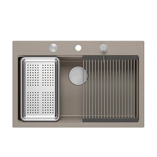 QUADRON Küchenspüle, Spüle MARC 110 WORKSTATION aus GraniteQ, 1 Becken Spülbecken, 760 x 500 x 220 mm, Soft Taupe + push to open Siphon + Spender + Platte/Stahlelemente von Quadron