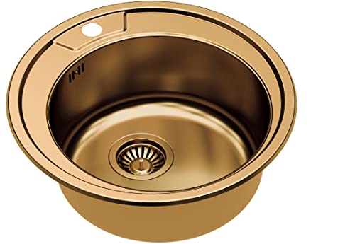 QUADRON Moderne Spüle Metall | Größe Ø 49 cm Tiefe 18 cm Farbe: Pvd-miker | Set: Waschbecken, Siphon | Einbeckenspüle Küchenspüle | passt in einen Schrank von mindestens 45 cm von Quadron