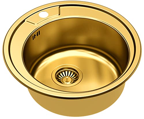 QUADRON Spülbecken Edelstahlspüle Golden | Größe Ø 49 cm | Einzelbecken-Spüle Set: Waschbecken, Siphon Einzelbecken Küchenspüle mit Stahlkammer Edelstahl Stahlspüle | mit Siphon QUADRON Spülbecken Edelstahlspüle Golden | Größe Ø 49 cm | Einzelbecken-Spüle Set: Waschbecken, Siphon Einzelbecken Küchenspüle mit Stahlkammer Edelstahl Stahlspüle | mit Siphon von Quadron