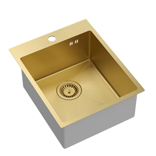 QUADRON Spülbecken Edelstahlspüle | Größe 40 x 50 cm Farbe: Golden | Einzelbecken-Spüle RUSSEL 90 Einzelbecken Küchenspüle mit Stahlkammer Edelstahl Stahlspüle | mit Siphon und Schraubverschluss von Quadron