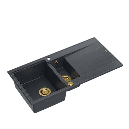 QUADRON Spülbecken Granit Granitspüle | Größe 50 x 100 x 21/16 cm, Farbe: Schwarz & Gold Pvd | EVAN 156 Küchenspüle Doppelbecken-Spüle | Doppelbecken Küchenspüle mit Abtropffläche | mit Hahnloch QUADRON Spülbecken Granit Granitspüle | Größe 50 x 100 x 21/16 cm, Farbe: Schwarz & Gold Pvd | EVAN 156 Küchenspüle Doppelbecken-Spüle | Doppelbecken Küchenspüle mit Abtropffläche | mit Hahnloch von Quadron
