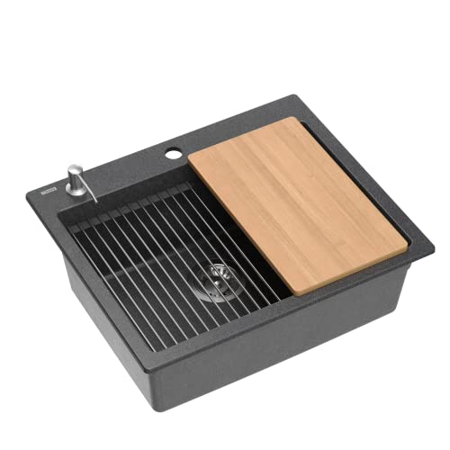 QUADRON Spülbecken Granit Spüle Küche | Größe 59,5 x 50 x 21,5 cm, Farbe: Schwarz | KURT 110 Granitspüle Einbauspüle | Einbeckenspüle Küchenspüle | Set: Spender, Holzbrett, Qmata, Siphon von Quadron
