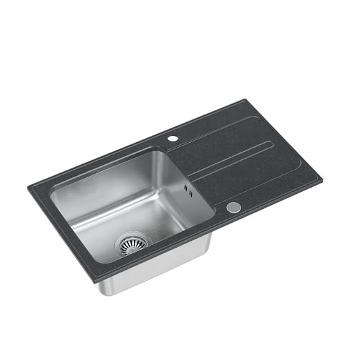 QUADRON Spülbecken Schwarz | Größe 78 x 43 cm | Edelstahlspüle RALPH 111 Einzelbecken Küchenspüle mit Stahlkammer | Granit & Edelstahl | mit Siphon und Schraubverschluss | mit Abtropffläche von Quadron