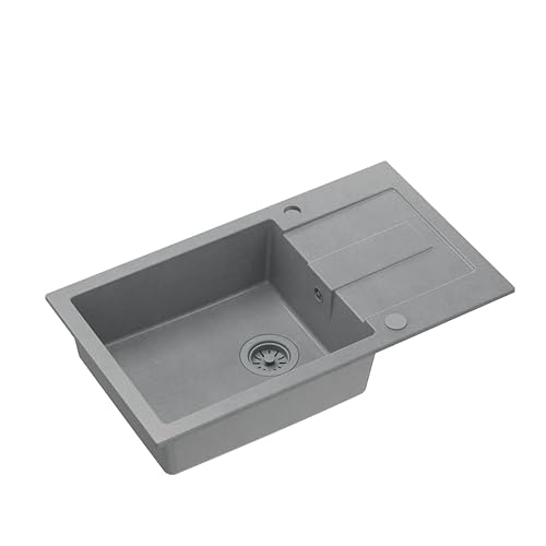 QUADRON Spülbecken Spüle Grau | Größe 78 x 45 x 18,5 cm | Granit Granitspüle CHRISTIAN 136 XL Einzelbecken Küchenspüle | mit manuellem Siphon und Abtropffläche | 1 Becken Einbauspüle von Quadron