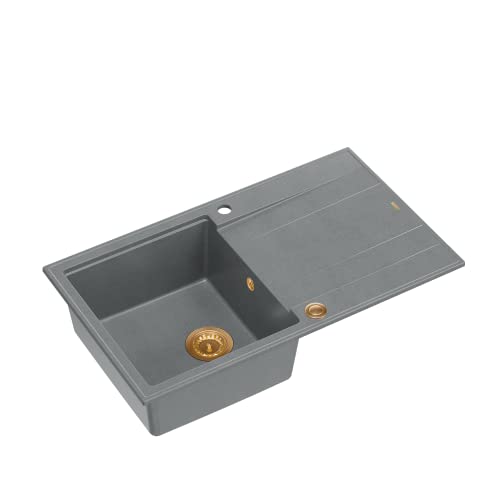 QUADRON Spülbecken Spüle Grau & Kupfer | Größe 86 x 50 x 21 cm | Granit Granitspüle EVAN 111 Einzelbecken Küchenspüle | mit manuellem Siphon und Abtropffläche | 1 Becken Einbauspüle von Quadron
