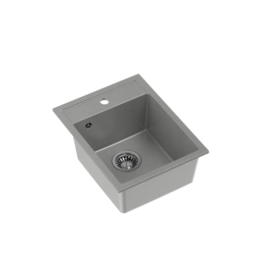 QUADRON Spülbecken Spüle Küche Granit | Größe 50 x 39 x 20,4 cm, Grau & Stahl | JOHNNY 90 Granitspüle Einzelbecken-Spüle | Einbauspüle mit Hahnloch | Einbeckenspüle Küchenspüle von Quadron