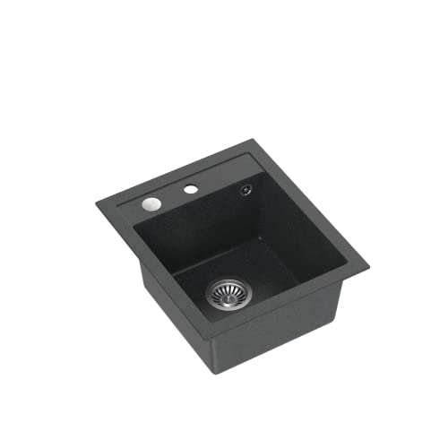 QUADRON Spülbecken Spüle Küche Granit | Größe 50 x 43 x 20,3 cm, Schwarz & Stahl | JOHNNY 100 Granitspüle Einzelbecken-Spüle | Einbauspüle mit Hahnloch | Einbeckenspüle Küchenspüle von Quadron