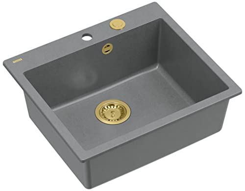 QUADRON Spülbecken Spüle Küche Grau & Golden | Größe 57 x 50 x 22 cm | Granit Granitspüle MORGAN 110 Einbauspüle mit Hahnloch | Einbeckenspüle Einzelbecken Küchenspüle | Einzelbecken-Spüle von Quadron