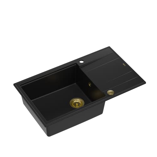 QUADRON Spülbecken Spüle Pure Carbon & Golden | Größe 86 x 50 x 21 cm | Granit Granitspüle EVAN 136 XL Einzelbecken Küchenspüle | mit manuellem Siphon und Abtropffläche | 1 Becken Einbauspüle von Quadron