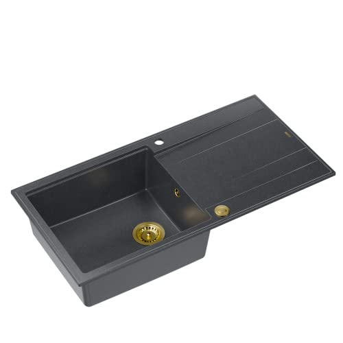 QUADRON Spülbecken Spüle Schwarz & Golden | Größe 100 x 50 x 21 cm | Granit Granitspüle EVAN 146 XL Einzelbecken Küchenspüle | mit manuellem Siphon und Abtropffläche | 1 Becken Einbauspüle QUADRON Spülbecken Spüle Schwarz & Golden | Größe 100 x 50 x 21 cm | Granit Granitspüle EVAN 146 XL Einzelbecken Küchenspüle | mit manuellem Siphon und Abtropffläche | 1 Becken Einbauspüle von Quadron