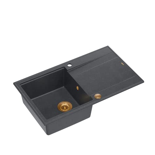 QUADRON Spülbecken Spüle Schwarz & Kupfer | Größe 86 x 50 x 21 cm | Granit Granitspüle EVAN 111 Einzelbecken Küchenspüle | mit manuellem Siphon und Abtropffläche | 1 Becken Einbauspüle QUADRON Spülbecken Spüle Schwarz & Kupfer | Größe 86 x 50 x 21 cm | Granit Granitspüle EVAN 111 Einzelbecken Küchenspüle | mit manuellem Siphon und Abtropffläche | 1 Becken Einbauspüle von Quadron