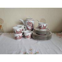 Seltene Vintage Jlmenau Graf Von Henneberg Porzellan Forest Wildlife 6 Personen Kaffee Set von QuaintItFunky