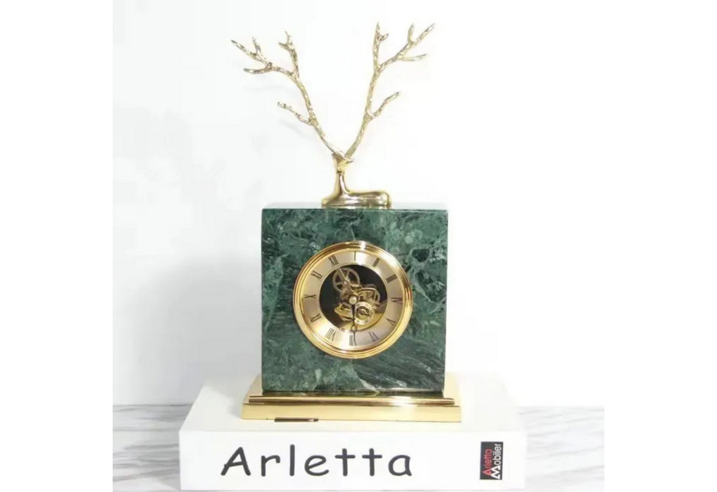 Quality Elegance Dekoobjekt Goldene Hirschkopf-Tischuhr mit Marmorsockel (2 St) von Quality Elegance