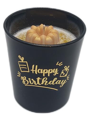 Duftkerze mit 3D Kuchen und goldenen Happy Birthday Spruch und hochwertigen Sojawachs ideal als Wohn-/Esszimmerdeko und für deinen Herzensmensch von Quality and Time