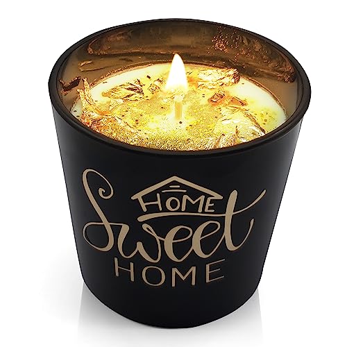 QAT – Goldfolien Duftkerze Home Sweet Home im edlen Designerglas aus reinem hochwertigem Sojawachs ideal als Wohn-/ Esszimmerdeko und für deinen Herzensmensch von Quality and Time