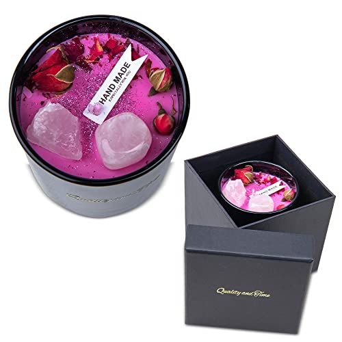 Edelsteinkerze im Glas mit echten Rosenblüten inkl. Geschenkverpackung, duftendem Sojawachs, ideal als Wohnzimmerdeko oder Herzensmensch von Quality and Time