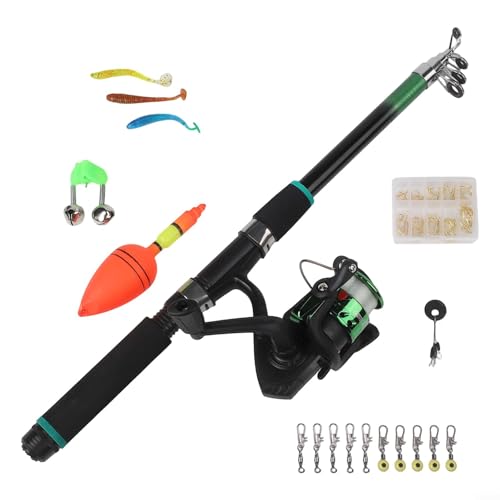 Qualoramall Teleskop Angelrute Angeln Starter Kit Anfänger Angeln Set Tragbare Angelausrüstung Vorgespulte Rolle Tackle Boxen für Anfänger Angler im Süßwasser Meer (Grünes Ruten-Set) von Qualoramall