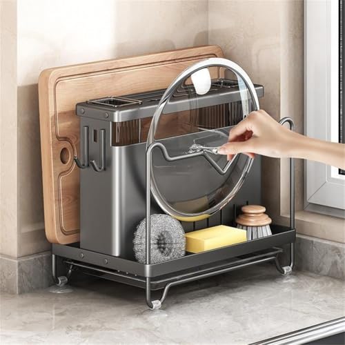 Qualoramall Utensilien-Abtropfgestell, Karbonstahl, Küchenplatte, Abtropfspüle, rostfrei, Utensilien-Trockenständer mit Schneidebrett und Besteckhalter für Besteck, Utensilien, Topfdeckel (grau) von Qualoramall