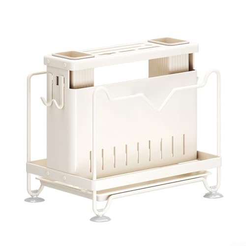 Qualoramall Utensilien-Abtropfgestell, Karbonstahl, Küchenplatte, Abtropfspüle, rostfrei, Utensilien-Trockenständer mit Schneidebrett und Besteckhalter für Besteck, Utensilien, Topfdeckel (weiß) von Qualoramall