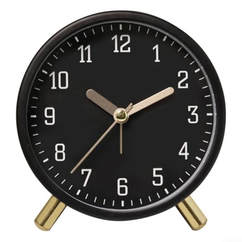 Runder Quarzwecker mit leisem Mechanismus, Metallzeiger, weichem Nachtlicht und stabiler Halterung für Zuhause und Büro (schwarz) von Qualoramall