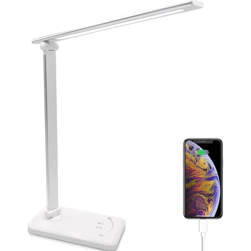 Schreibtischlampe, LED Tischlampe Dimmbar mit 5 Helligkeitsstufen 5 Farb, USB Anschluss, 30/60 min Auto Timer, Touchpanel, Memory-Funktion, Augenfreundliche Nachttischlampe für Kinder Jungen Mädchen von Qualore