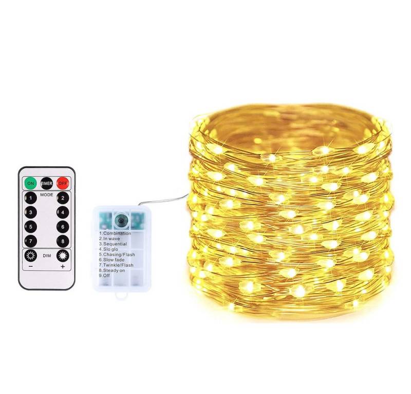 Qualra Lichterkette 50-100LEDs Lichterkette Kupferdraht Batterie Wasserdicht 5/10M, 8 Modi Fernbedienungs Timer für Weihnachtsdeko, Innen, Außen. von Qualra