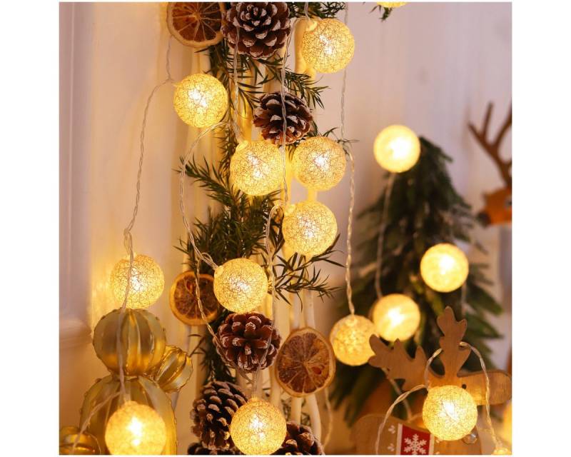 Qualra LED-Lichterkette 10/20LED Baumwollkugeln Lichterkette Warmweiß Batterie für Party Innen, Wasserdicht IP44 LED Lichterketten 2er/Set von Qualra