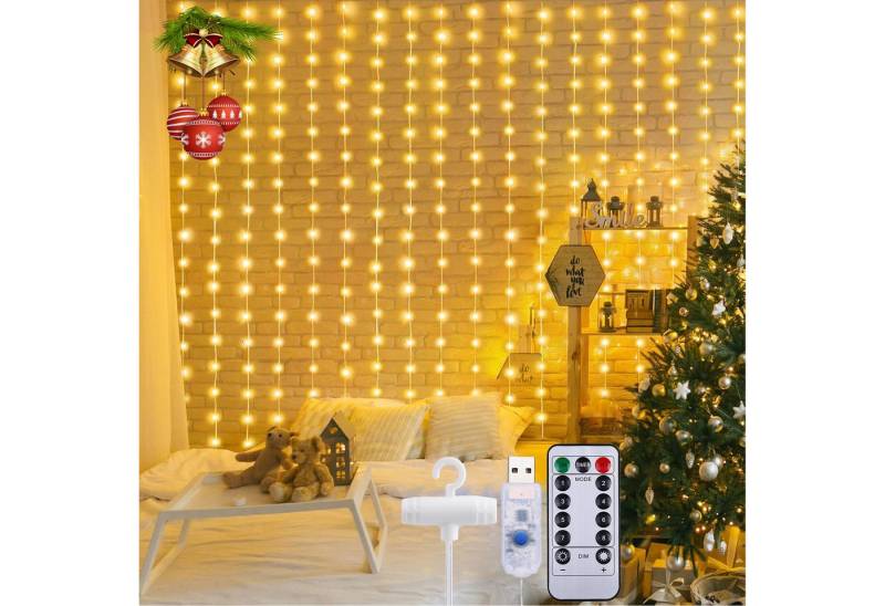 Qualra LED-Lichtervorhang 100/200/300LEDs 8 Modi Lichtervorhang Fenster Innen Weihnachten, 3x1M/3x2M/3x3M USB mit Fernbedienung Wasserdicht Vorhang Lichterkette von Qualra