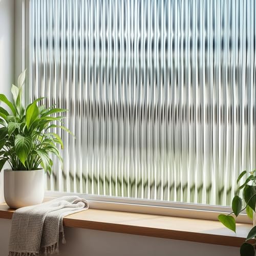 Qualsen Fensterfolie Blickdicht, Fensterfolie Streifen Schilfglas-Effekt Sichtschutzfolie Fenster, Selbsthaftend Kein Kleber, Anti-UV Dekorfolie Fenster Folie für Zuhause und Büro(60x200cm) von Qualsen