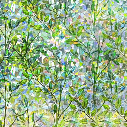 Qualsen Fensterfolie Blickdicht Regenbogen Grünes Blattmuster Sichtschutzfolie Fenster Buntglas Anti UV Statisch Haftend Selbsthaftend Klebefolie Fenster 30 x 200cm von Qualsen