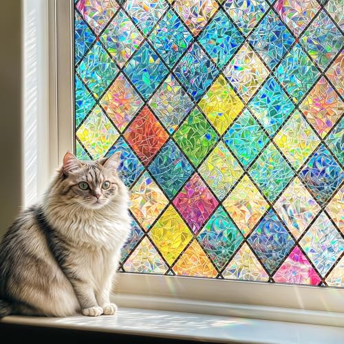 Qualsen Fensterfolie Blickdicht Regenbogen Rautenmuster Sichtschutzfolie Fenster Buntglas Statisch Haftend Selbsthaftend Anti UV Klebefolie Fenster 44 x 400cm von Qualsen