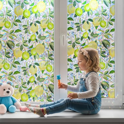 Qualsen Fensterfolie Blickdicht Regenbogen Zitronenbaum Muster Sichtschutzfolie Fenster Buntglas Anti UV Statisch Haftend Selbsthaftend Klebefolie Fenster 60 x 200cm von Qualsen