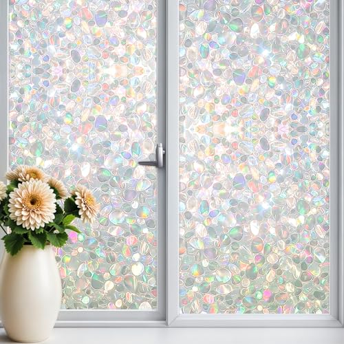 Qualsen Fensterfolie Blickdicht Selbsthaftende Regenbogen Kieselsteinmuster 30x120cm Sichtschutzfolie Fenster Statisch Haftend Anti UV Regenbogeneffekt Milchglasfolie für Wohnzimmer Schlafzimmer von Qualsen