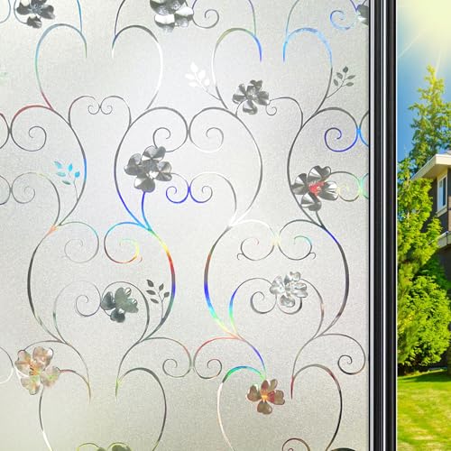 Qualsen Fensterfolie Blickdicht Sichtschutzfolie Fenster, 3D Regenbogen Folie Fenster Blumenmuster Dekoration Selbsthaftende Statisch Haftend Sonnenschutz Milchglasfolie für Zuhause, 30x200cm von Qualsen