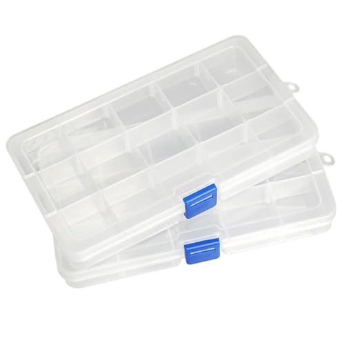 Qualsen Plastik Aufbewahrungsbox Einstellbar Fächer Sortimentskasten Schmuckschatulle Werkzeugcontainer (15 Raster X 2 Packungen, Transparent) von Qualsen