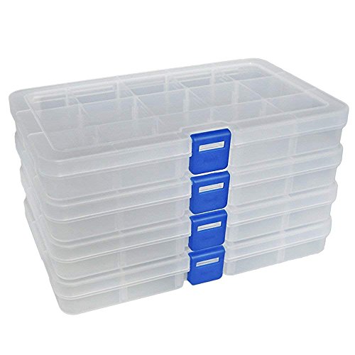 Qualsen Plastik Aufbewahrungsbox Einstellbar Fächer Sortimentskasten Schmuckschatulle Werkzeugcontainer (15 Raster X 4 Packungen, Transparent) von Qualsen