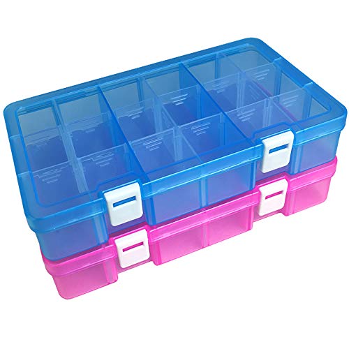 Qualsen Plastik Aufbewahrungsbox Einstellbar Fächer Sortimentskasten Schmuckschatulle Werkzeugcontainer (18 Raster X 2 Packungen, Blau+Rosa) von Qualsen