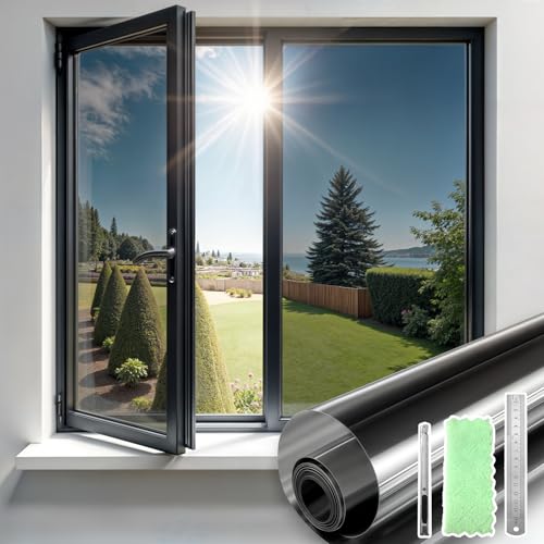 Qualsen Spiegelfolie Fensterfolie Blickdicht von Aussen, Sichtschutzfolie Fenster Reflektierende Spiegelfolie Fenster Sichtschutz Anti-UV Statische Adsorption (Schwarz-Silber, 44.3x200cm) von Qualsen