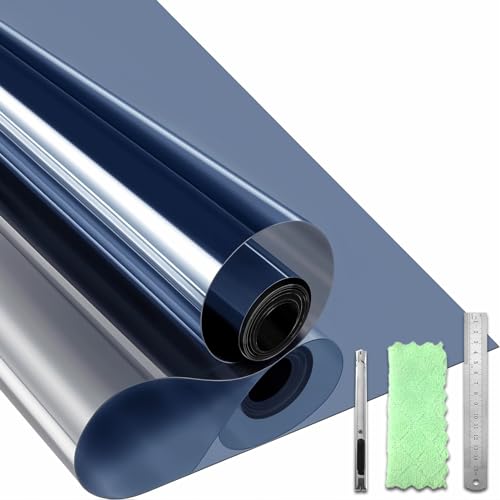 Qualsen Spiegelfolie Fensterfolie Blickdicht von Aussen, Sichtschutzfolie Fenster Reflektierende Spiegelfolie Fenster Sichtschutz Anti-UV Statische Adsorption (Blau-Silber, 30x200cm) von Qualsen