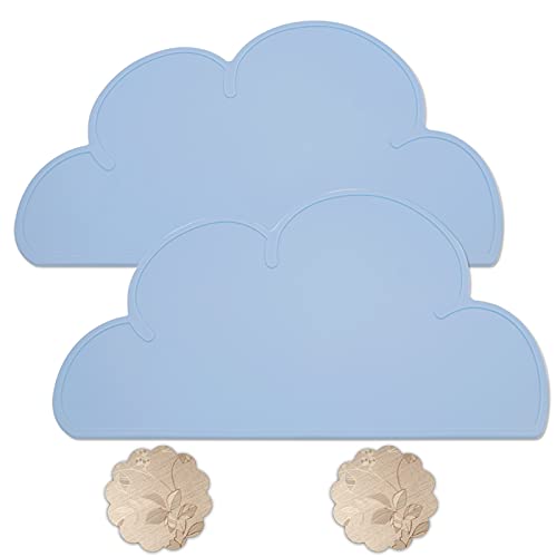 Qualsen BPA-freies Tischset Kinder, 2 Stück Wolke Silikon Platzset Kinder, rutschfest Platzset Abwischbar Platzdeckchen Kinder, Tischsets Abwaschbar Kinder, Tischunterlage Kinder, 48×27cm, Blau von Qualsen