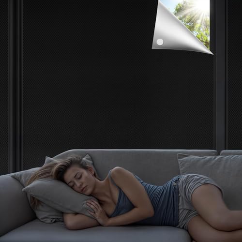 Qualsen Verdunklungsrollo ohne Bohren 300x150cm Dachfenster Verdunkelung Tragbare Verdunkelungsfolie Reisen Sonnenschutz Verdunklungsstoff 100% Lichtundurchlässig Fenster Verdunkelung (Schwarz-silber) von Qualsen