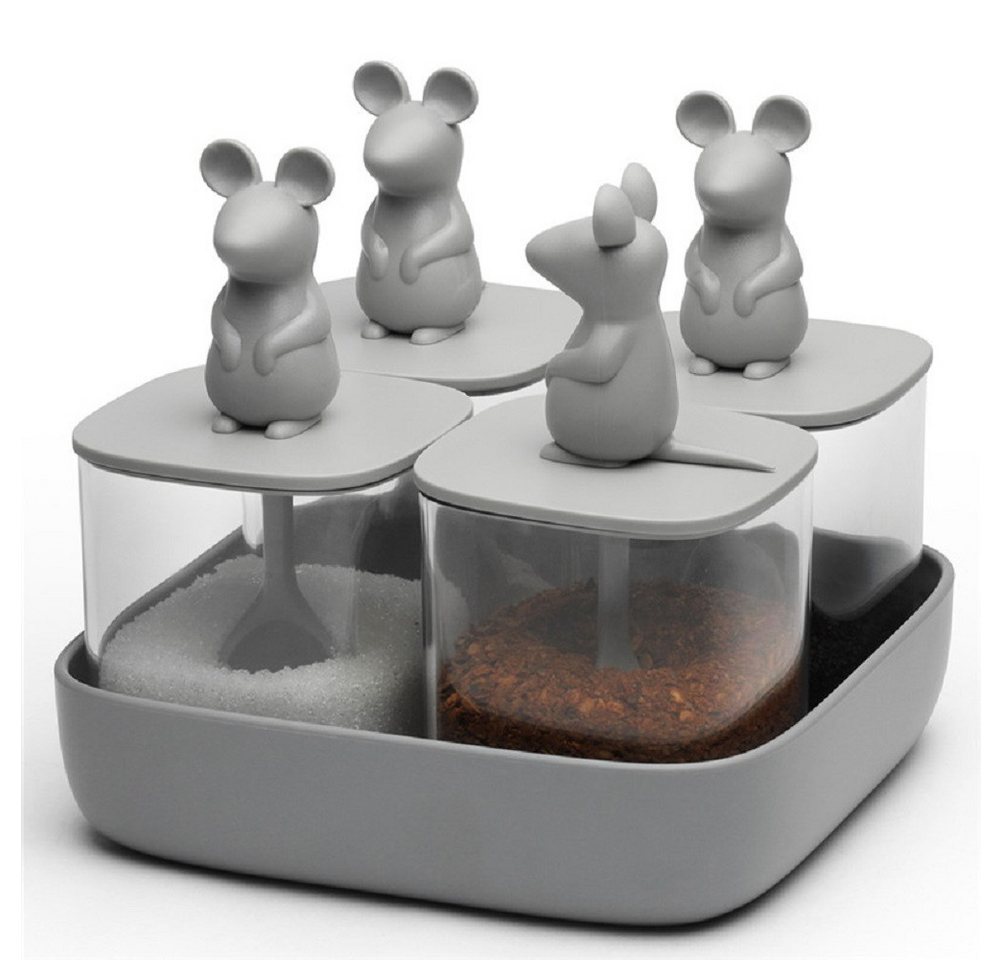 Qualy Design Vorratsdose Seasoning Behälter Set Lucky Mouse mit Tablett, Kunststoff, (Vorratsbehälter transparent, 5-tlg., für ca. 250 ml je Dose), Maus, Deckel mit Löffel, grau, ca. 16,3 x 16,3 x 15 cm von Qualy Design