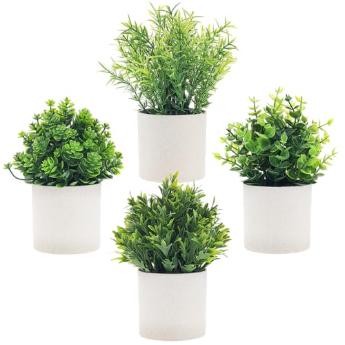 Quancru 4 Stück Künstliche Pflanze Getopft Gefälschte Eukalyptus Rosmarin Farne Beflockt Blume Haushalt Dekor Bonsai DIY Büro Balkon Tisch Veranda von Quancru