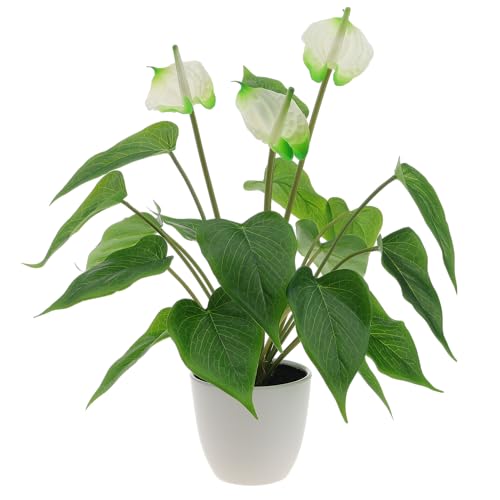 Quancru 42cm Künstliche Anthurium Andraeanum Blumen Gefälscht Heimdekoration Blumenstrauß Grüne Pflanze Blätter Topf DIY Büro Hauseinweihung von Quancru