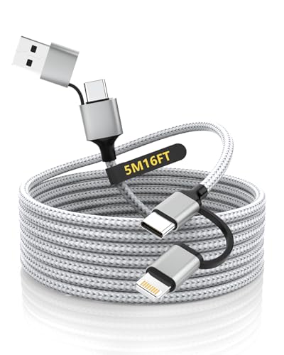 Quanlex Extra langes iPhone Ladekabel 5M, MFi zertifiziertes 4 in 1 Kabel 15FT geflochtenes 60W Schnellladekabel Ladekabel Lightning/Typ C/USB A für iPhone 16/15/14, iPad, Samssung, Android von Quanlex