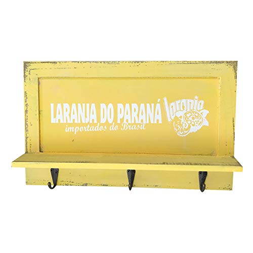 quantio Nostalgisches Holz Schlüsselbrett - Garderobe mit 3 Haken - Brett mit Ablage - Schlüsselablage BZW. Handy-Ablage - Hakenleiste, Farbe:Gelb von quantio