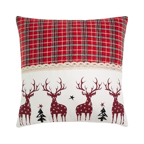 Quantum Interior by Maxland Jacquard Dekokissen Weihnachten, Weihnachtsdeko, Winterkissen, ca. 48x48 cm, Sofakissen mit Stern, Rote Zierkissen (Hirsche) von Quantum Interior by Maxland