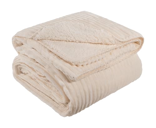 Quantum Interior by Maxland Kuscheldecke, Sofadecke, Kord-Decke, Weiche Kuscheldecke, Flanell-Sherpa, Wohndecke, Überwurf, Tagesdecke150 x 200 cm, Decke mit Streifen (Off White) von Quantum Interior by Maxland