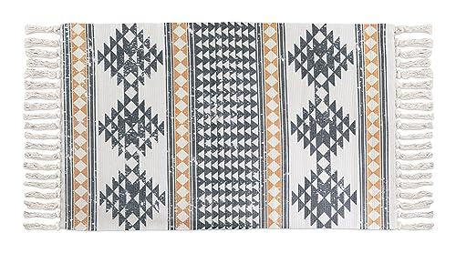 Quantum Interior by Maxland Teppich mit Quasten ca. 60 x 110cm, Vintage Teppich mit Fransen Boho-Stil geometrisch Bedruckte Teppiche Läufer- für Flur Badezimmer Wohnzimmer Schlafzimmer (Muster Senf) von Quantum Interior by Maxland